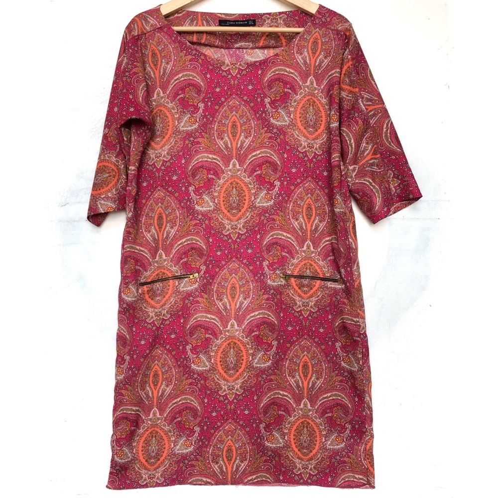 Zara Pink Paisley Pattern Dress Boat neckline - Picture 1 of 7
